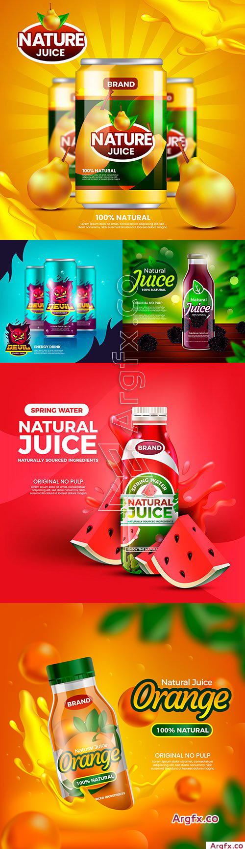 Natural fruit juice and energetic beverage illustration