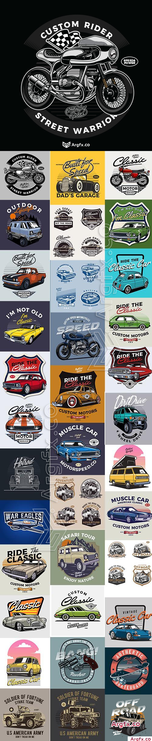 Classic Car and Moto Badge and Illustration Vector Collection